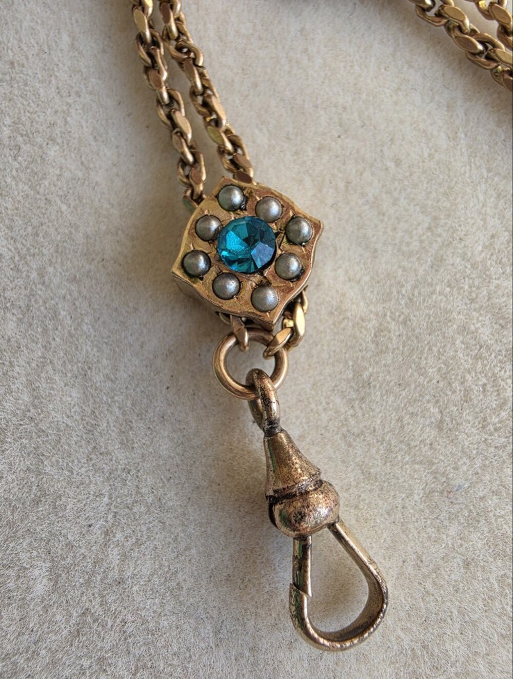 Antique Gold-Tone Watch Chain with Genuine Seed Pearls & Blue Paste Glass - Picture 11 of 12